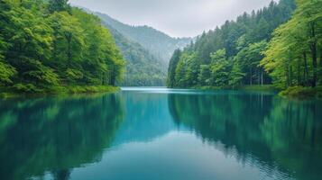 ai generado grande lago rodeado por arboles en bosque foto