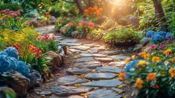 AI generated Stone Path Surrounded by Flowers and Greenery photo