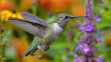 AI generated Hummingbird Hovering Over Purple Flowers photo