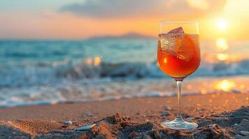 ai generado vaso de naranja jugo en playa foto