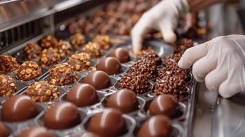 AI generated Person in White Gloves Picking Chocolates From Conveyor Belt photo