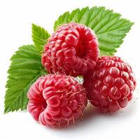 AI generated Raspberry With Green Leaves on White Background photo