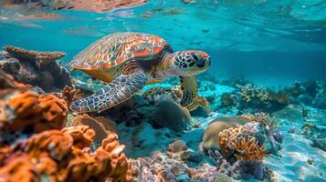 AI generated Green Turtle Swimming Over Coral Reef photo