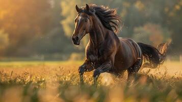 ai generado un caballo corriendo mediante un campo de alto césped foto