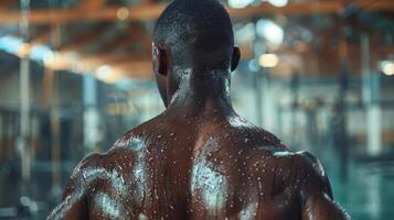 ai generado hombre levantamiento barra con pesas en gimnasio foto