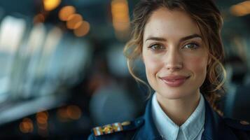 ai generado mujer en pilotos uniforme posando para imagen foto