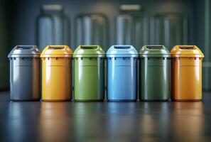 AI generated Row of Colorful Trash Cans photo