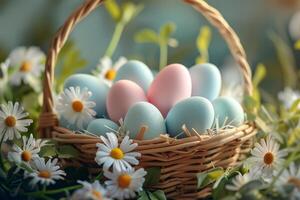 AI generated Basket Filled With Blue and Pink Speckled Eggs photo