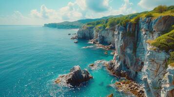 AI generated Aerial View of Rocky Coastline With Clear Blue Water photo