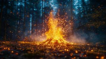 ai generado fuego furioso en bosque foto