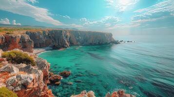 AI generated Aerial View of Rocky Coastline With Clear Blue Water photo