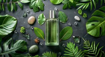 AI generated Bottle of Green Perfume Surrounded by Green Leaves photo