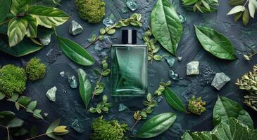 AI generated Bottle of Green Perfume Surrounded by Green Leaves photo