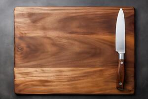 AI generated Blank cutting board and knife, top view photo