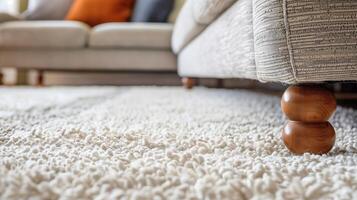 AI generated A white couch with a brown leg rests on a carpet photo