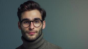 AI generated A man with glasses is smiling and wearing a sweater. Background with copy space. photo