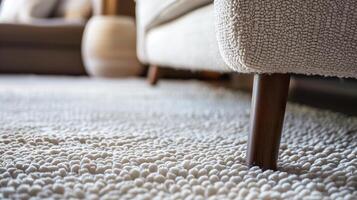 AI generated A white couch with brown legs sits on a carpet photo