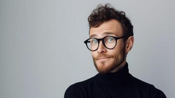 AI generated A man with glasses and a beard is wearing a black sweater. Background with copy space. photo