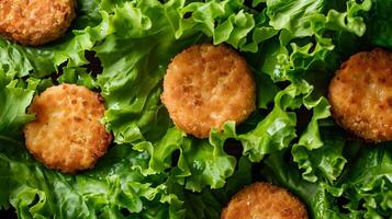 AI generated Crispy fried hamburger patty on green lettuce leaves. photo