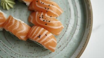 AI generated Neatly Arranged Salmon Sushi Resting on a Light Green Plate, an Exquisite Presentation for a Culinary Symphony. photo