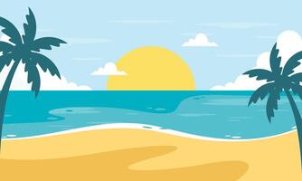 Summer Beach with Palm Tree and the Sun in the Background Vector Illustration