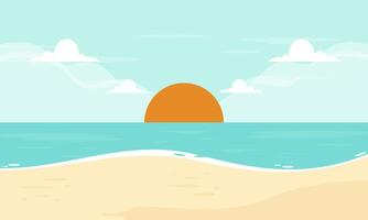 Summer Beach with Palm Tree and the Sun in the Background Vector Illustration