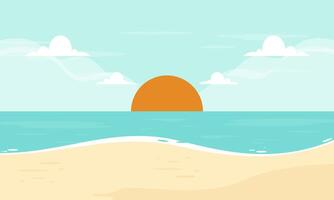 Summer Beach with Palm Tree and the Sun in the Background Vector Illustration