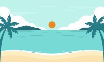 Summer Beach with Palm Tree and the Sun in the Background Vector Illustration