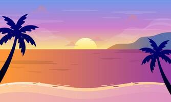 Summer Beach with Palm Tree and the Sun in the Background Vector Illustration