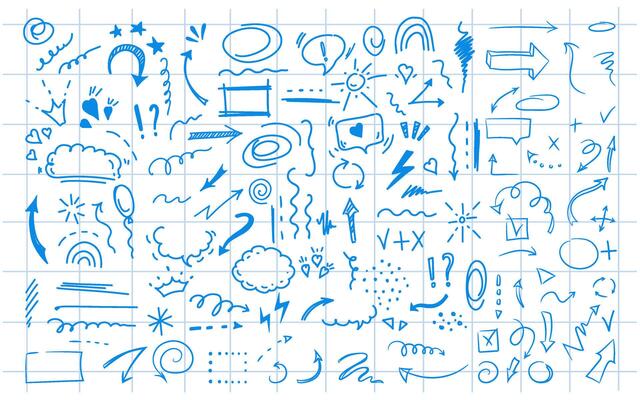 Simple sketch line style elements. Doodle cute ink pen line elements isolated on background of checkered notebook sheet. Doodle arrow, heart, star, decoration symbol, blue icon set.