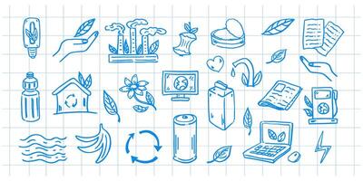 Set of ecology. Hand-drawn doodle vector illustration on background of checkered notebook sheet. Ecology problem, recycling and energy blue icons. Environmental symbols.