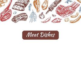 Meat and vegetables menu template in engraved vintage style. Hand-drawn colored sketches of barbecue meat pieces with herbs and seasonings. Background for meat restaurant. vector