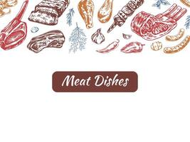 Meat and vegetables menu template in engraved vintage style. Hand-drawn colored sketches of barbecue meat pieces with herbs and seasonings. Background for meat restaurant. vector