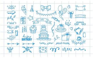 Birthday doodle set. Hand-drawn vector Happy Birthday sketches on the background of a checkered notebook sheet. Envelope, cake, balloon, ice cream, flags, hearts, labels, ribbons,  blue contour icons.