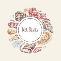 Elements in circle. Meat and vegetables menu template in engraved vintage style. Hand-drawn colored sketches of barbecue meat with herbs and seasonings. vector