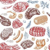 Meat and vegetables seamless pattern in engraved vintage style. Hand-drawn colored pattern of barbecue meat pieces with herbs and seasonings. Sketches for meat restaurant. vector