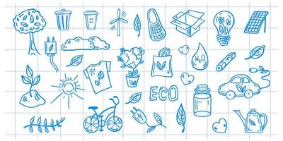 Set of ecology on background of checkered notebook sheet. Hand-drawn doodle vector illustration. Ecology problem, recycling blue icons. Environmental symbols.