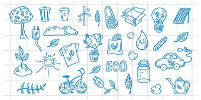 Set of ecology on background of checkered notebook sheet. Hand-drawn doodle vector illustration. Ecology problem, recycling blue icons. Environmental symbols.