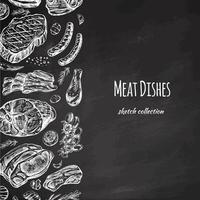 Meat and vegetables menu template in engraved vintage style. Hand-drawn sketches of barbecue meat pieces with herbs and seasonings on chalkboard background. vector