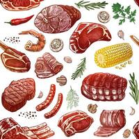 Meat and vegetables seamless pattern in engraved vintage style. Hand-drawn colored pattern of barbecue meat pieces with herbs and seasonings. Sketches for meat restaurant. vector