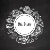 Elements in circle. Meat and vegetables menu template in engraved vintage style on chalkboard background. Hand-drawn colored sketches of barbecue meat with herbs and seasonings. vector