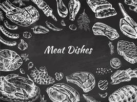 Meat and vegetables menu template in engraved vintage style. Hand-drawn sketches of barbecue meat pieces with herbs and seasonings on chalkboard background. vector