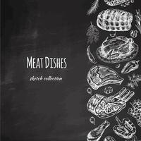 Meat and vegetables menu template in engraved vintage style. Hand-drawn sketches of barbecue meat pieces with herbs and seasonings on chalkboard background. vector