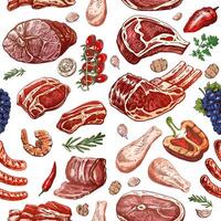 Meat and vegetables seamless pattern in engraved vintage style. Hand-drawn colored pattern of barbecue meat pieces with herbs and seasonings. Sketches for meat restaurant. vector