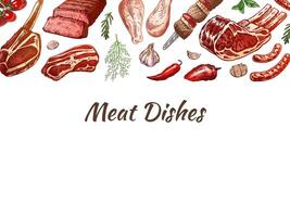 Meat and vegetables menu template in engraved vintage style. Hand-drawn colored sketches of barbecue meat pieces with herbs and seasonings. Background for meat restaurant. vector