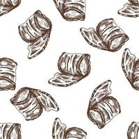 Hand-drawn vector seamless pattern of bacon in engraved vintage style. Hand-drawn monochrome pattern of hamon or pork meat, ham slice. Italian prosciutto vintage sketch.