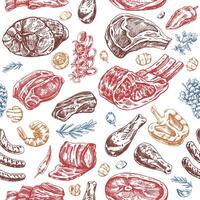 Meat and vegetables seamless pattern in engraved vintage style. Hand-drawn colored pattern of barbecue meat pieces with herbs and seasonings. Sketches for meat restaurant. vector