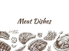 Meat and vegetables menu template in engraved vintage style. Hand-drawn sketches of barbecue meat pieces with herbs and seasonings. Background for meat restaurant. vector