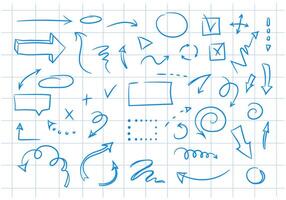 Doodle design elements and arrows on the background of a checkered notebook sheet. Elements for infographics. Hand-drawn vector set of blue contour