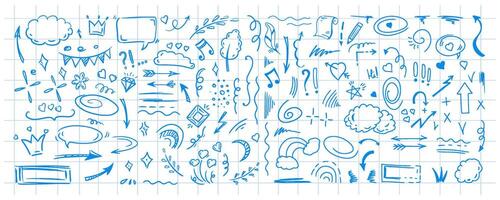 Simple sketch line style elements. Doodle cute ink pen line elements isolated on background of checkered notebook sheet. Doodle arrow, heart, star, decoration symbol, blue icon set. Vector